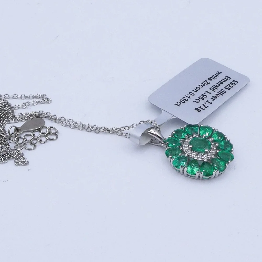Sparkle Gems Green Zambian Emerald Flower Halo Sterling Silver Necklace 20in